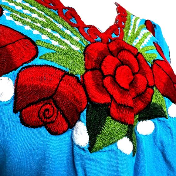Mexican Turquoise Rose Embroidered V-Neck Handmade Artisan Top - Women M - Picture 3 of 3